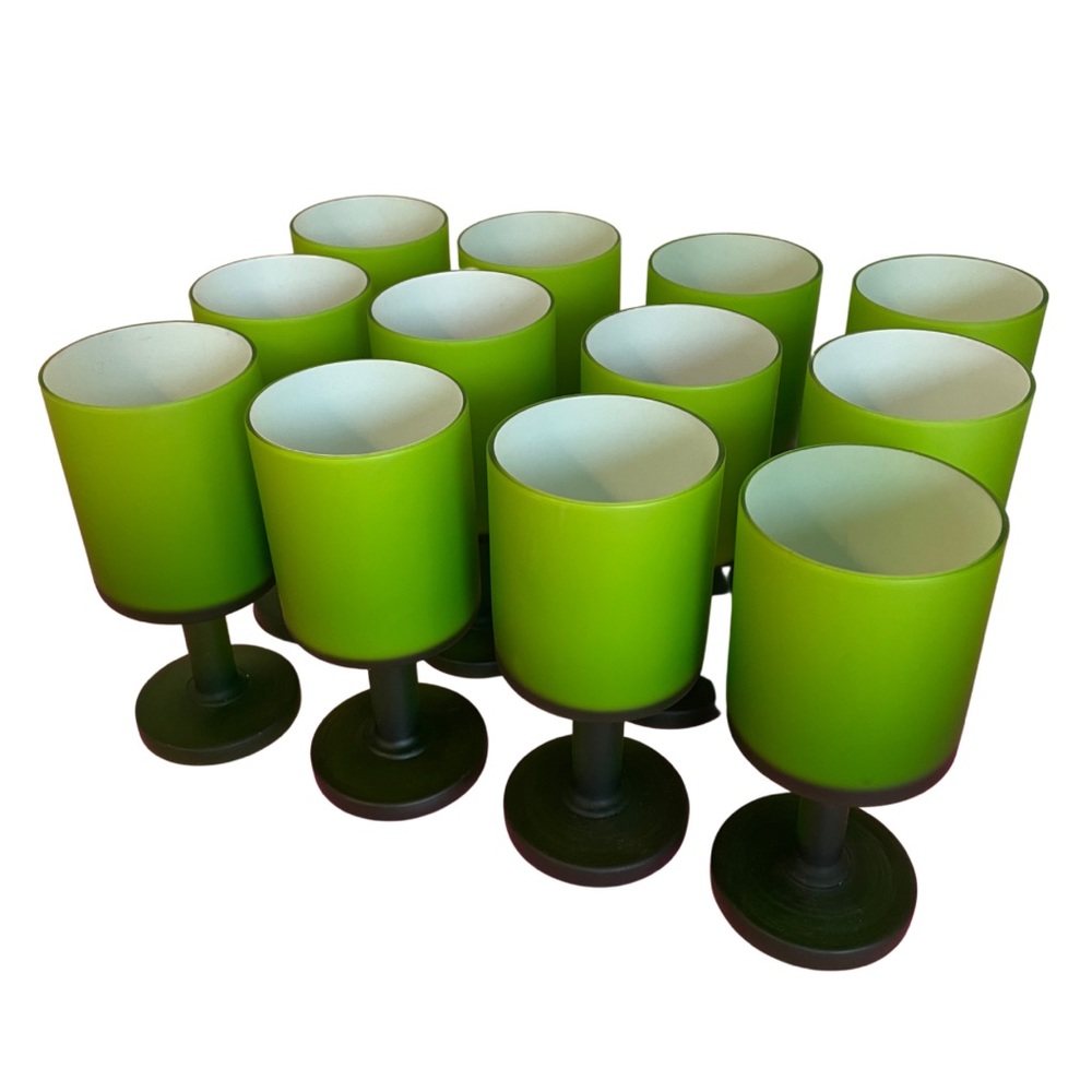 EUC 1960’s Carlo Moretti Wine Goblets – Set of 12, Green White Vintage Modern